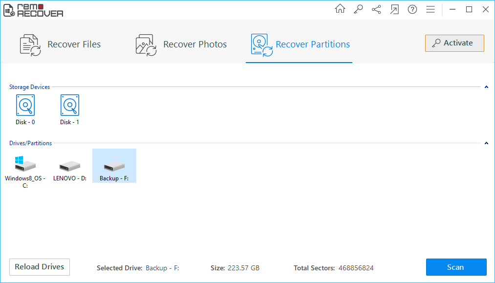 Open Remo Recover and select the drive from where you have lost your files and click on Scan
